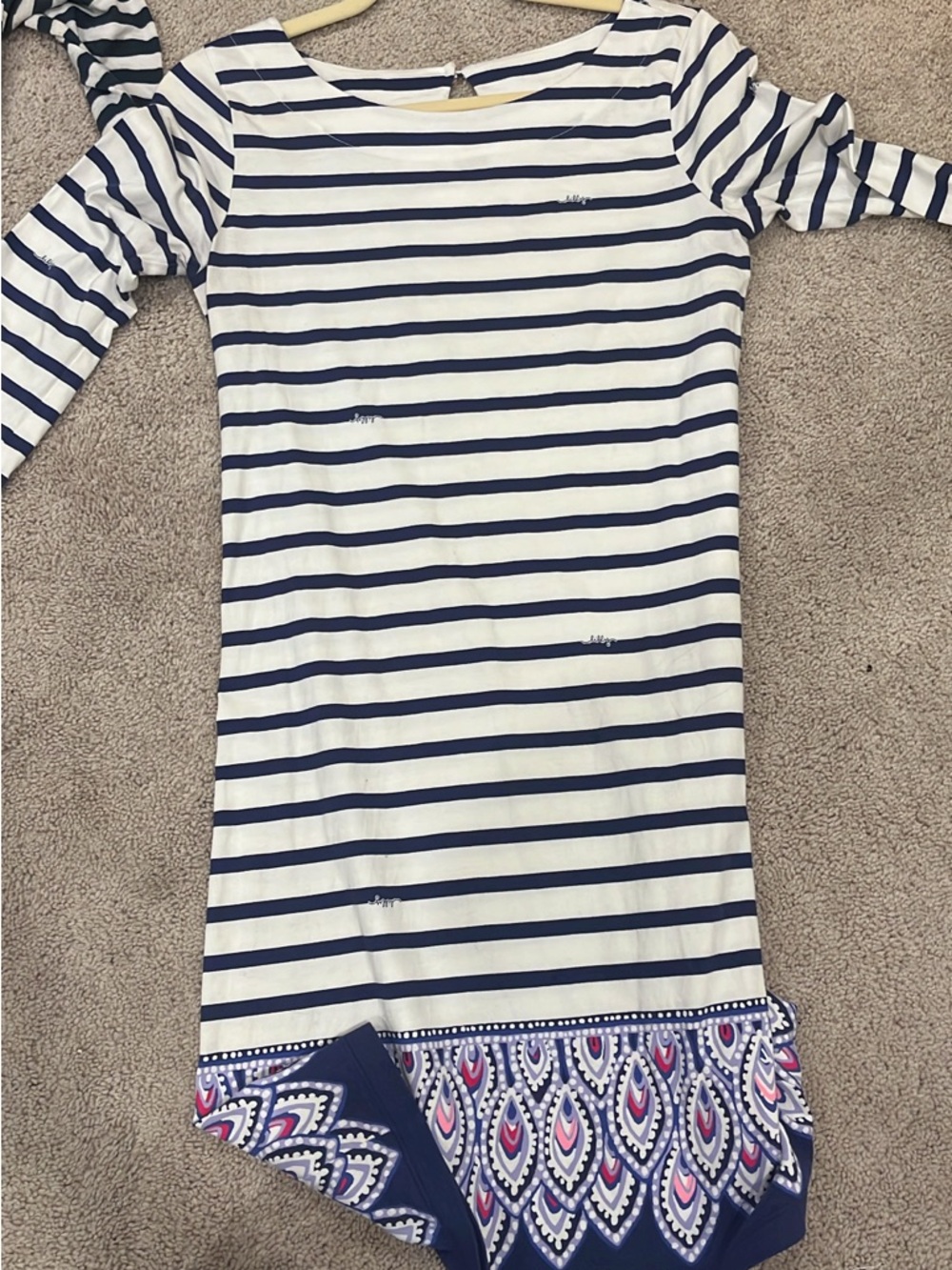 Lilly Pulitzer White and Navy Striped Boatneck Dress with Printed Hem